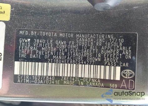 2011 Toyota Corolla Le из США, поврежденный, VIN 2T1BU4EE8BC544277